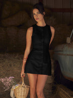 Women Mini Dress Sleeveless Round Neck Button Front - Evergreen Outfits - Women Mini Dress