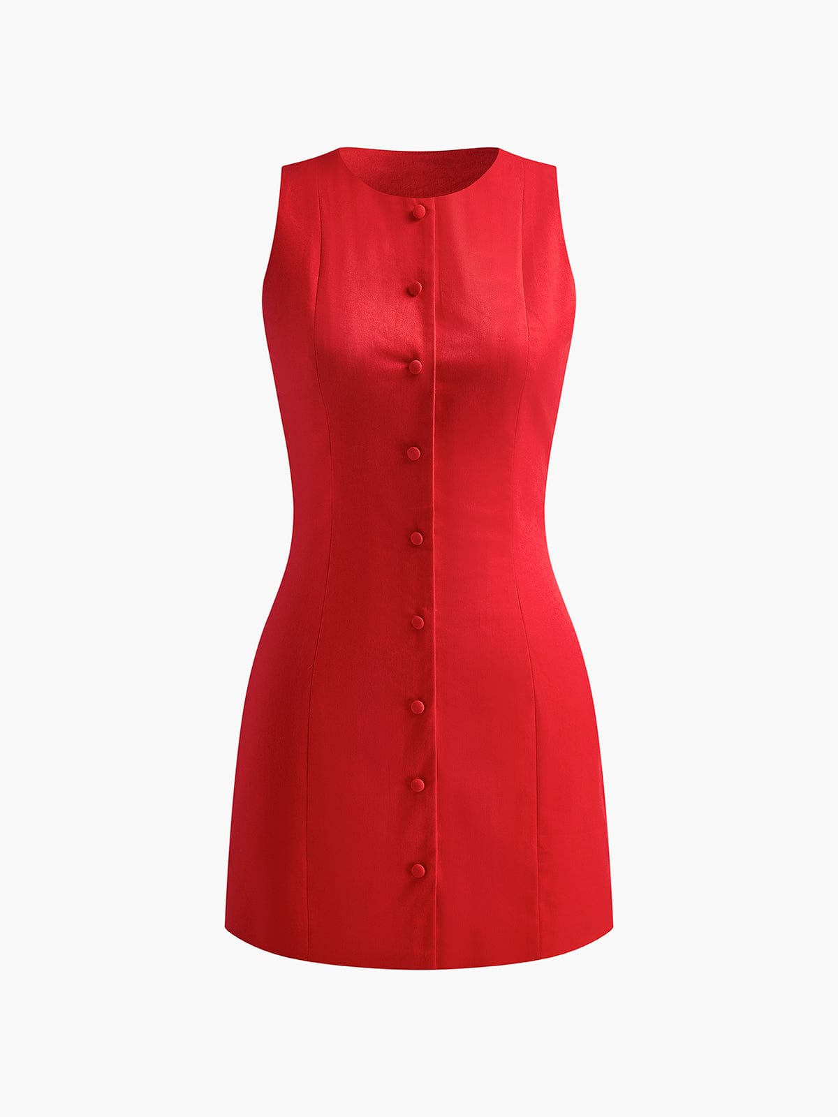 Women Mini Dress Sleeveless Round Neck Button Front - Evergreen Outfits - Women Mini Dress