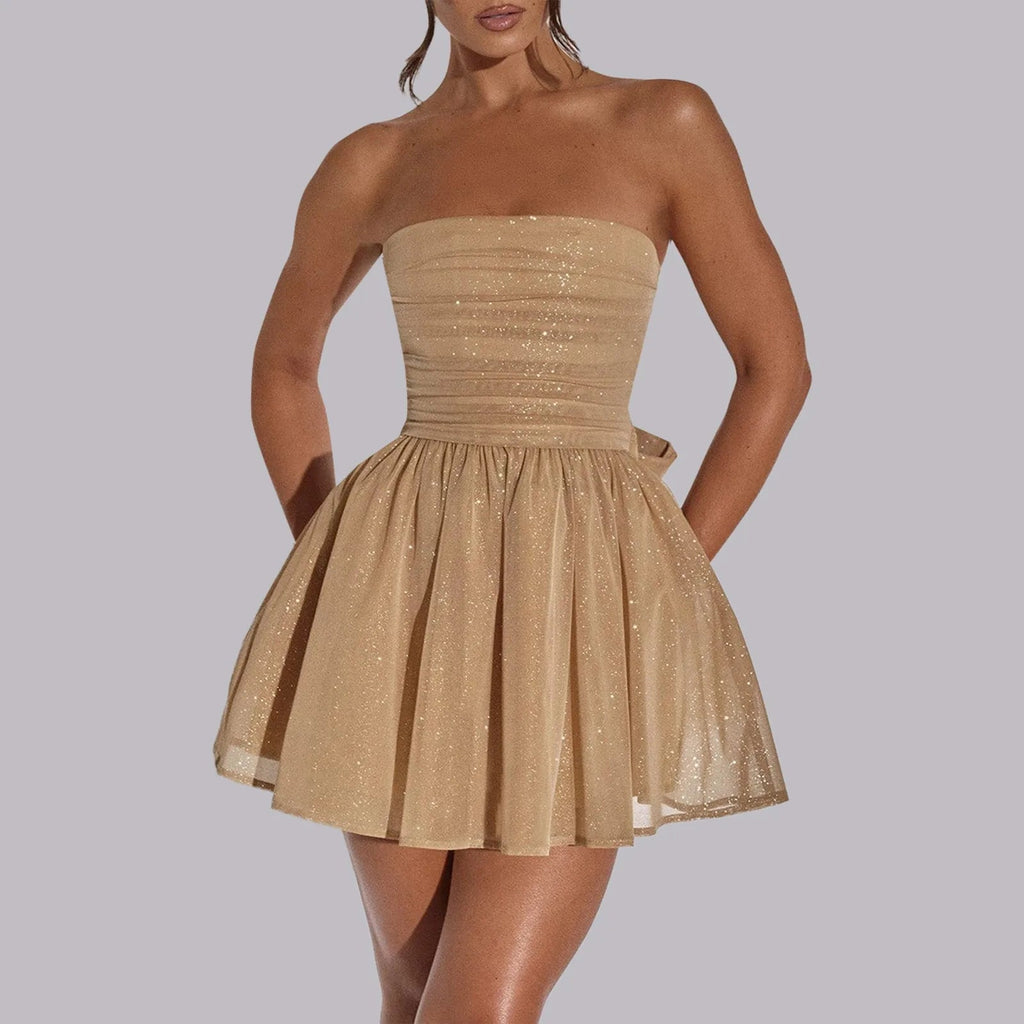 Women Mini Dress Strapless A - Line Backless Design - Evergreen Outfits - Women Mini Dress