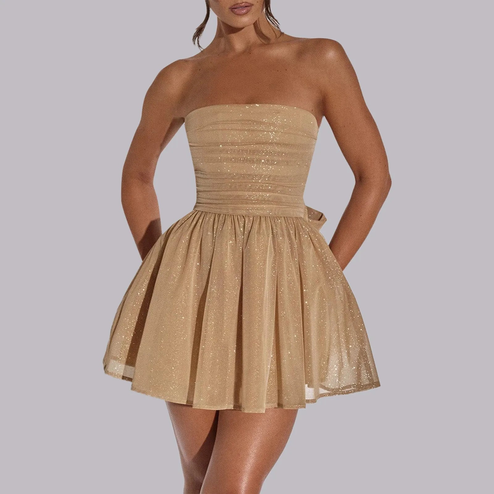 Women Mini Dress Strapless A - Line Backless Design - Evergreen Outfits - Women Mini Dress