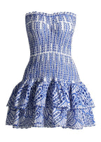 Women Mini Dress Strapless Shirred Bodice Tiered Hem - Evergreen Outfits - Women Mini Dress