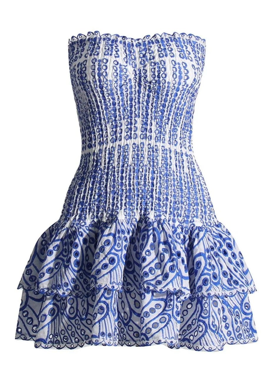 Women Mini Dress Strapless Shirred Bodice Tiered Hem - Evergreen Outfits - Women Mini Dress