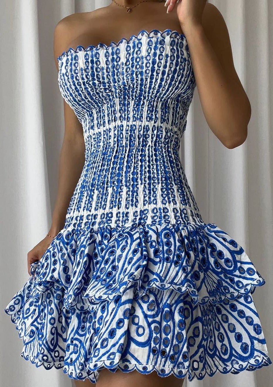 Women Mini Dress Strapless Shirred Bodice Tiered Hem - Evergreen Outfits - Women Mini Dress
