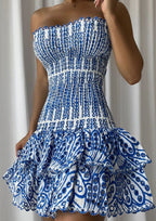 Women Mini Dress Strapless Shirred Bodice Tiered Hem - Evergreen Outfits - Women Mini Dress