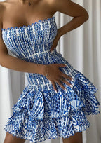 Women Mini Dress Strapless Shirred Bodice Tiered Hem - Evergreen Outfits - Women Mini Dress