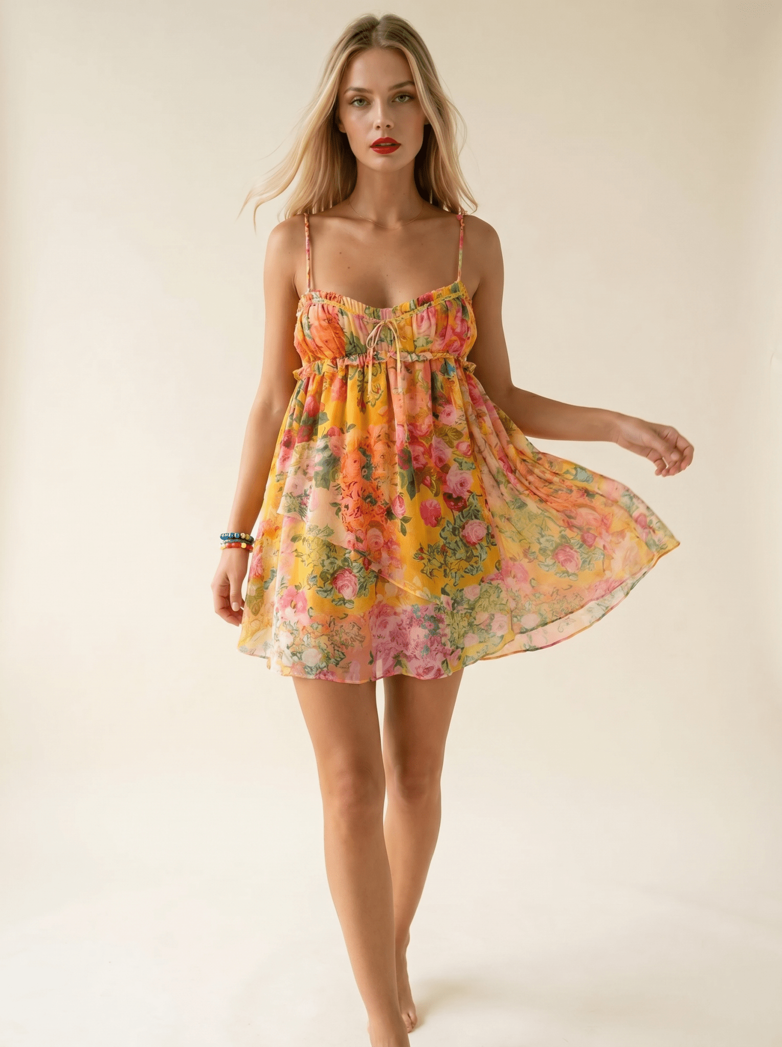 Women Mini Dress Tiered Floral Patchwork Print Design - Evergreen Outfits - Women Mini Dress