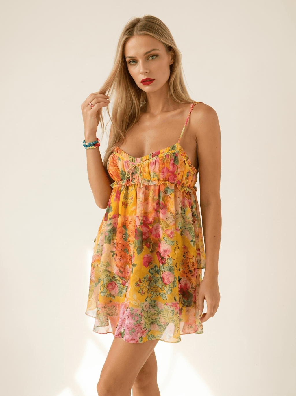 Women Mini Dress Tiered Floral Patchwork Print Design - Evergreen Outfits - Women Mini Dress