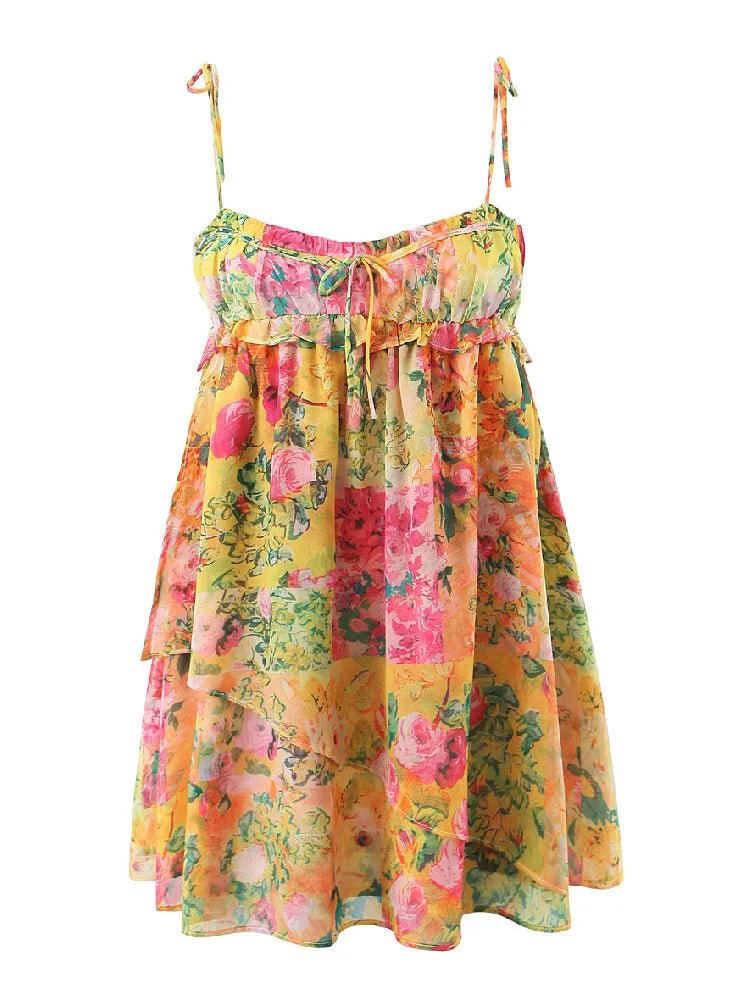 Women Mini Dress Tiered Floral Patchwork Print Design - Evergreen Outfits - Women Mini Dress