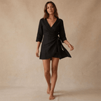 Women Mini Dress Wrap Linen Asymmetrical Hem Tie Waist - Evergreen Outfits - Women Mini Dress