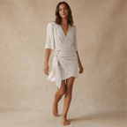 Women Mini Dress Wrap Linen Asymmetrical Hem Tie Waist - Evergreen Outfits - Women Mini Dress
