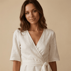Women Mini Dress Wrap Linen Asymmetrical Hem Tie Waist - Evergreen Outfits - Women Mini Dress