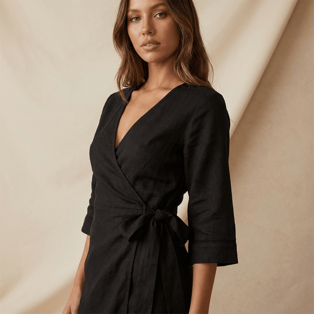linen wrap dress mini Linen Mini Wrap Dress: Short Sleeve V-Neck with Waist Tie