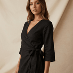 Women Mini Dress Wrap Linen Asymmetrical Hem Tie Waist - Evergreen Outfits - Women Mini Dress