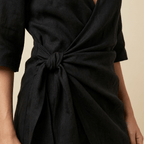 Women Mini Dress Wrap Linen Asymmetrical Hem Tie Waist - Evergreen Outfits - Women Mini Dress