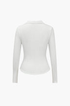 Women Polo Shirt Long Sleeve Fitted V Neck Button Closure - Evergreen Outfits - Women Poloshirt