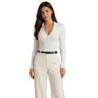 Women Polo Shirt Long Sleeve Fitted V Neck Button Closure - Evergreen Outfits - Women Poloshirt