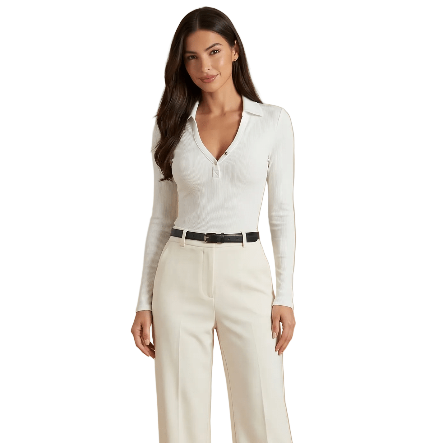 Women Polo Shirt Long Sleeve Fitted V Neck Button Closure - Evergreen Outfits - Women Poloshirt