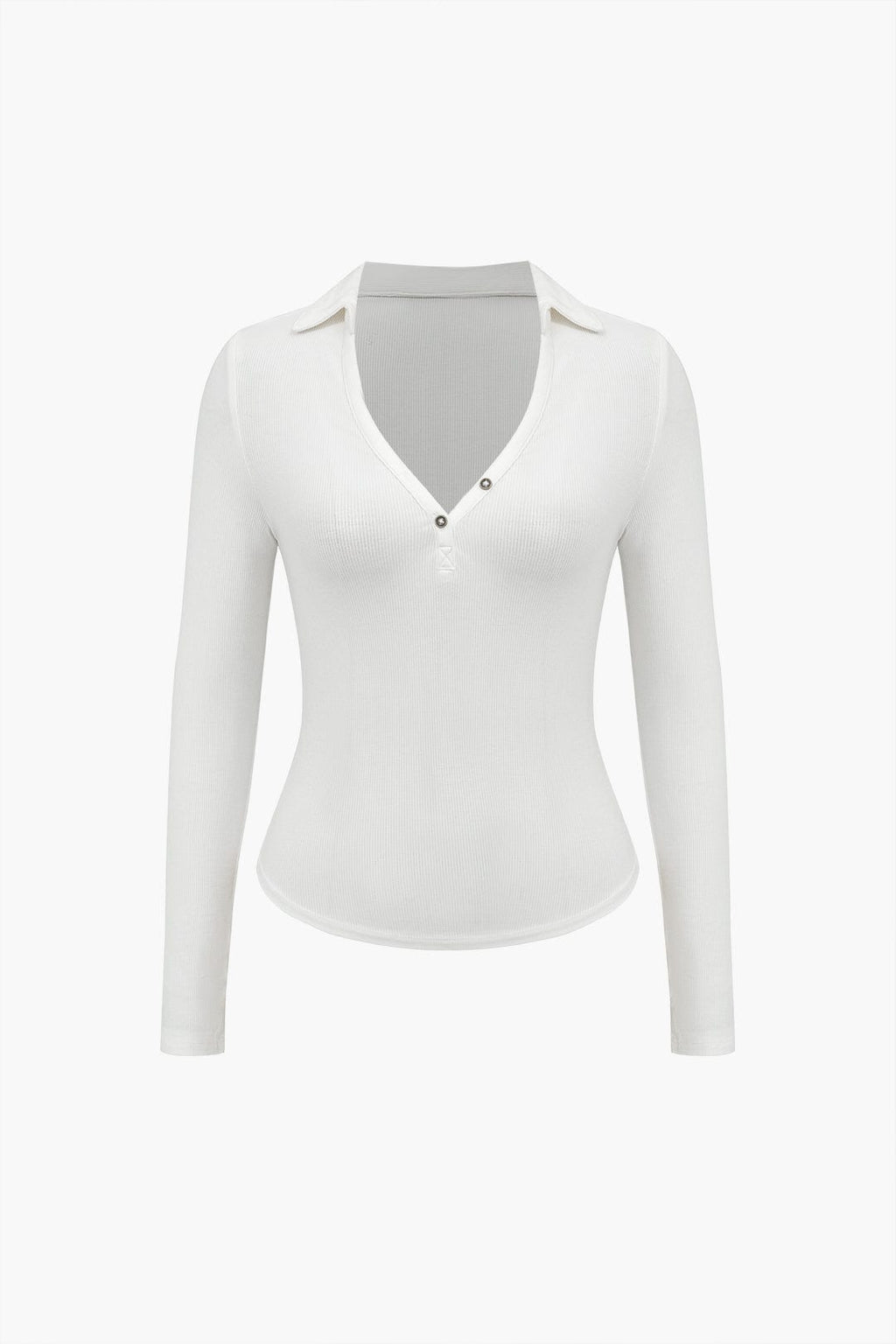 Women Polo Shirt Long Sleeve Fitted V Neck Button Closure - Evergreen Outfits - Women Poloshirt