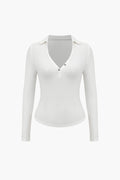 Women Polo Shirt Long Sleeve Fitted V Neck Button Closure - Evergreen Outfits - Women Poloshirt