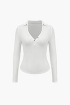 Women Polo Shirt Long Sleeve Fitted V Neck Button Closure - Evergreen Outfits - Women Poloshirt