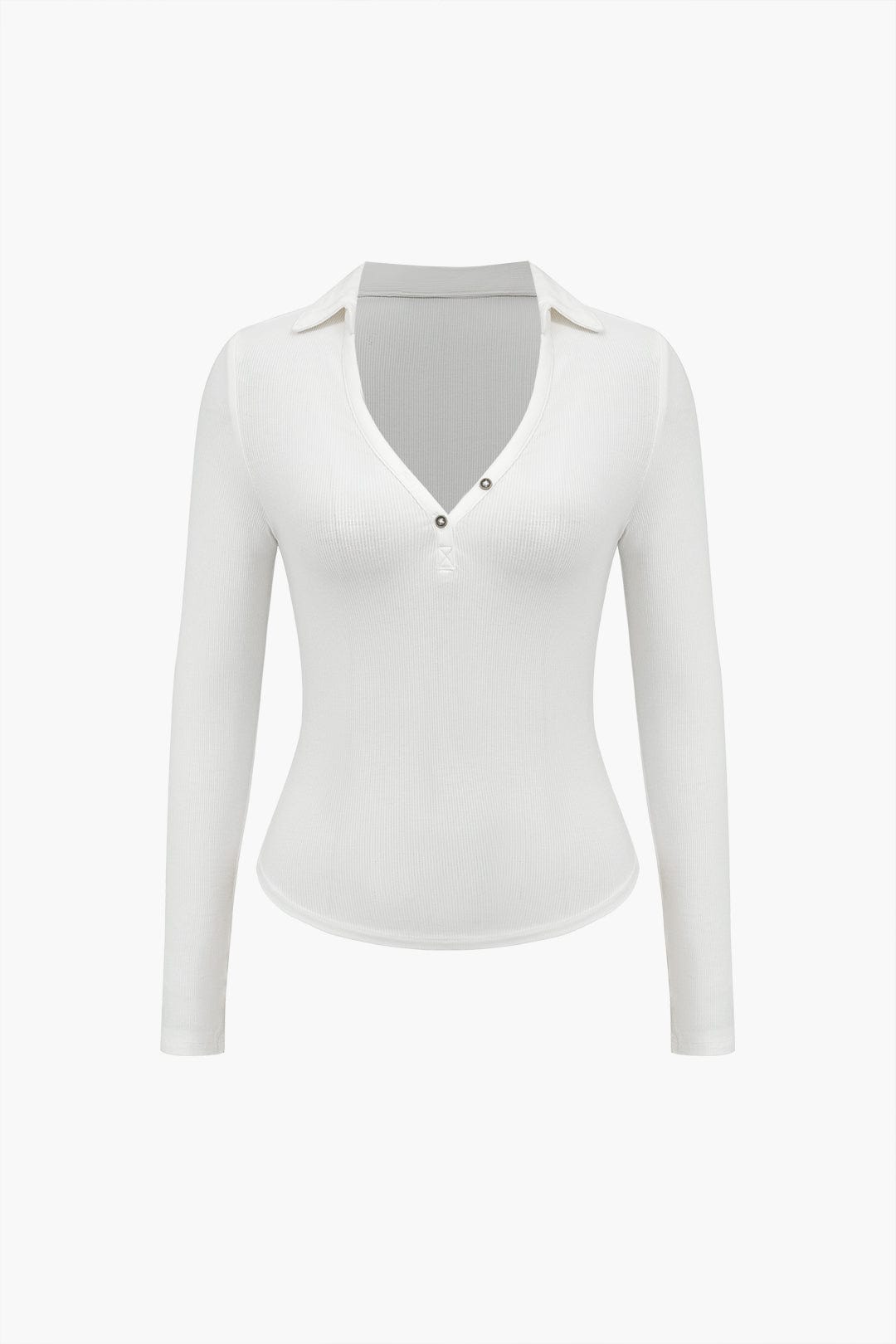Women Polo Shirt Long Sleeve Fitted V Neck Button Closure - Evergreen Outfits - Women Poloshirt