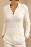 Women Polo Shirt Long Sleeve Loose Fit Collared V Neck - Evergreen Outfits - Women Poloshirt