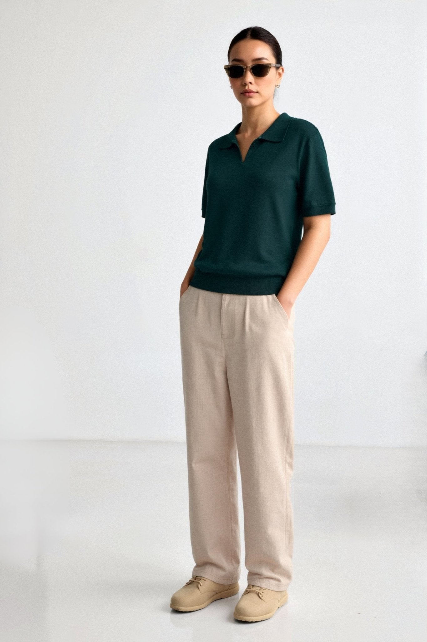 Women Polo Shirt Short Sleeve Loose Fit V Neck Design - Evergreen Outfits - Women Poloshirt