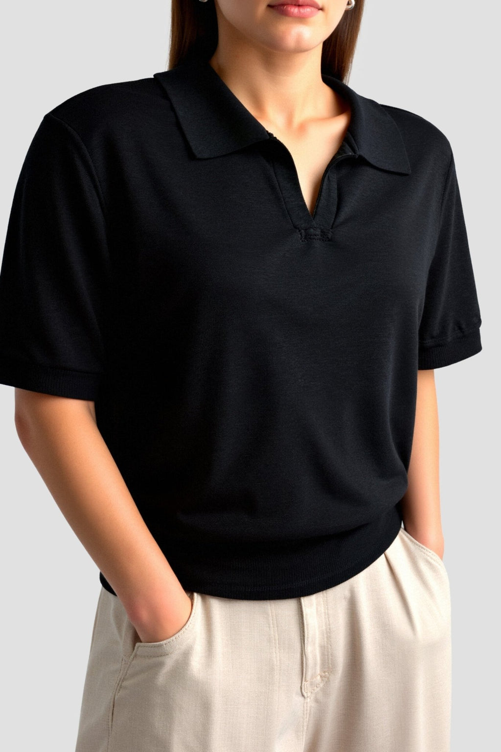 Women Polo Shirt Short Sleeve Loose Fit V Neck Design - Evergreen Outfits - Women Poloshirt