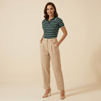 Women Polo Shirt Striped Design Elastic Hem Comfort Fit - Evergreen Outfits - Women Poloshirt