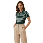 Women Polo Shirt Striped Design Elastic Hem Comfort Fit - Evergreen Outfits - Women Poloshirt