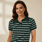 Women Polo Shirt Striped Design Elastic Hem Comfort Fit - Evergreen Outfits - Women Poloshirt