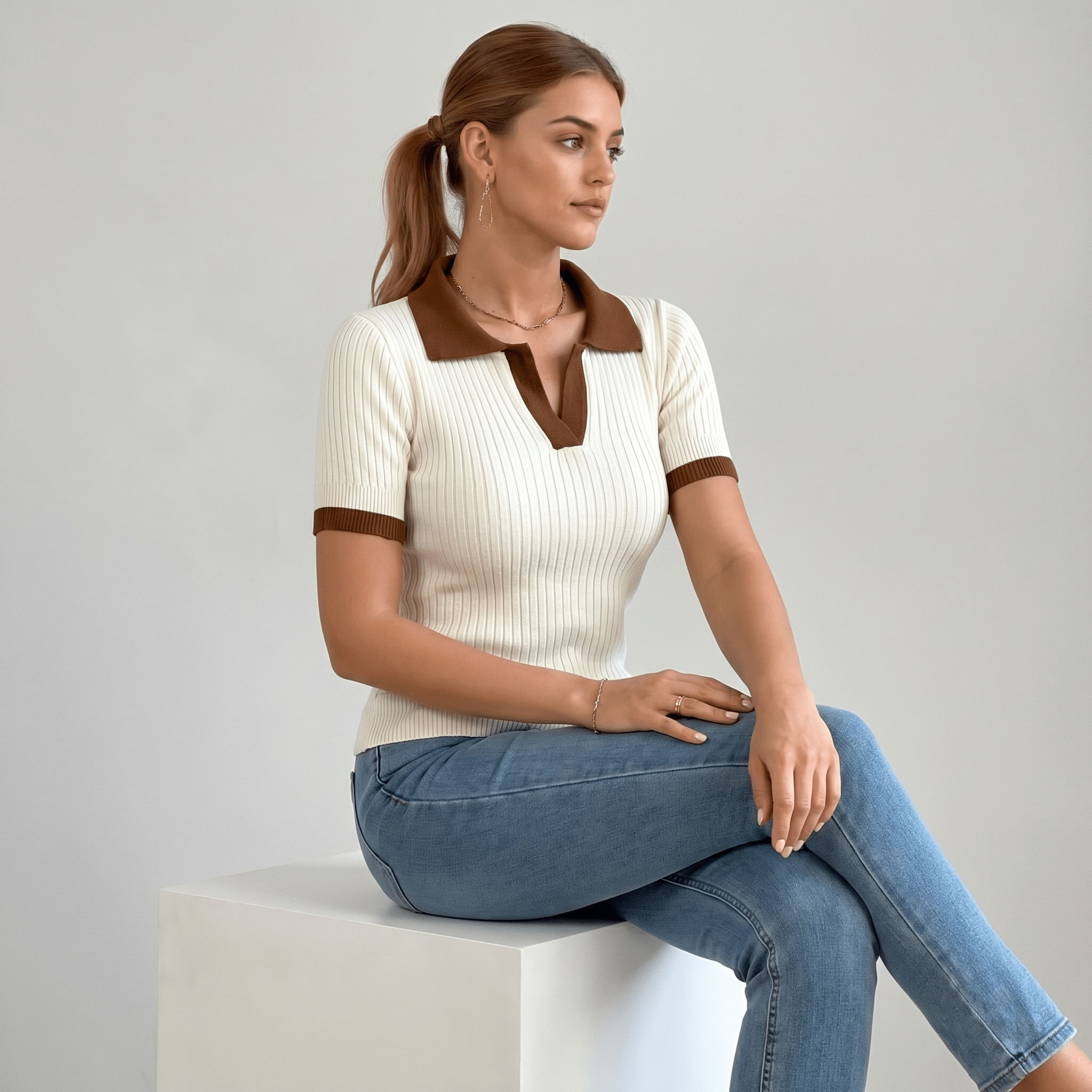 Women Polo Top Short Sleeve Ribbed Polo Collar Neckline - Evergreen Outfits - Women Poloshirt