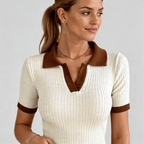 Women Polo Top Short Sleeve Ribbed Polo Collar Neckline - Evergreen Outfits - Women Poloshirt