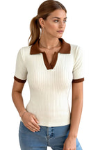 Women Polo Top Short Sleeve Ribbed Polo Collar Neckline - Evergreen Outfits - Women Poloshirt