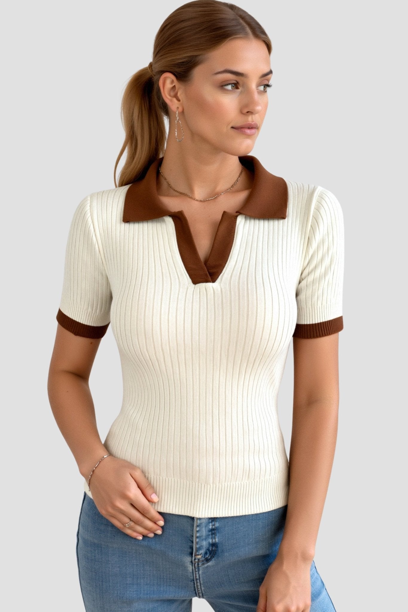 Women Polo Top Short Sleeve Ribbed Polo Collar Neckline - Evergreen Outfits - Women Poloshirt