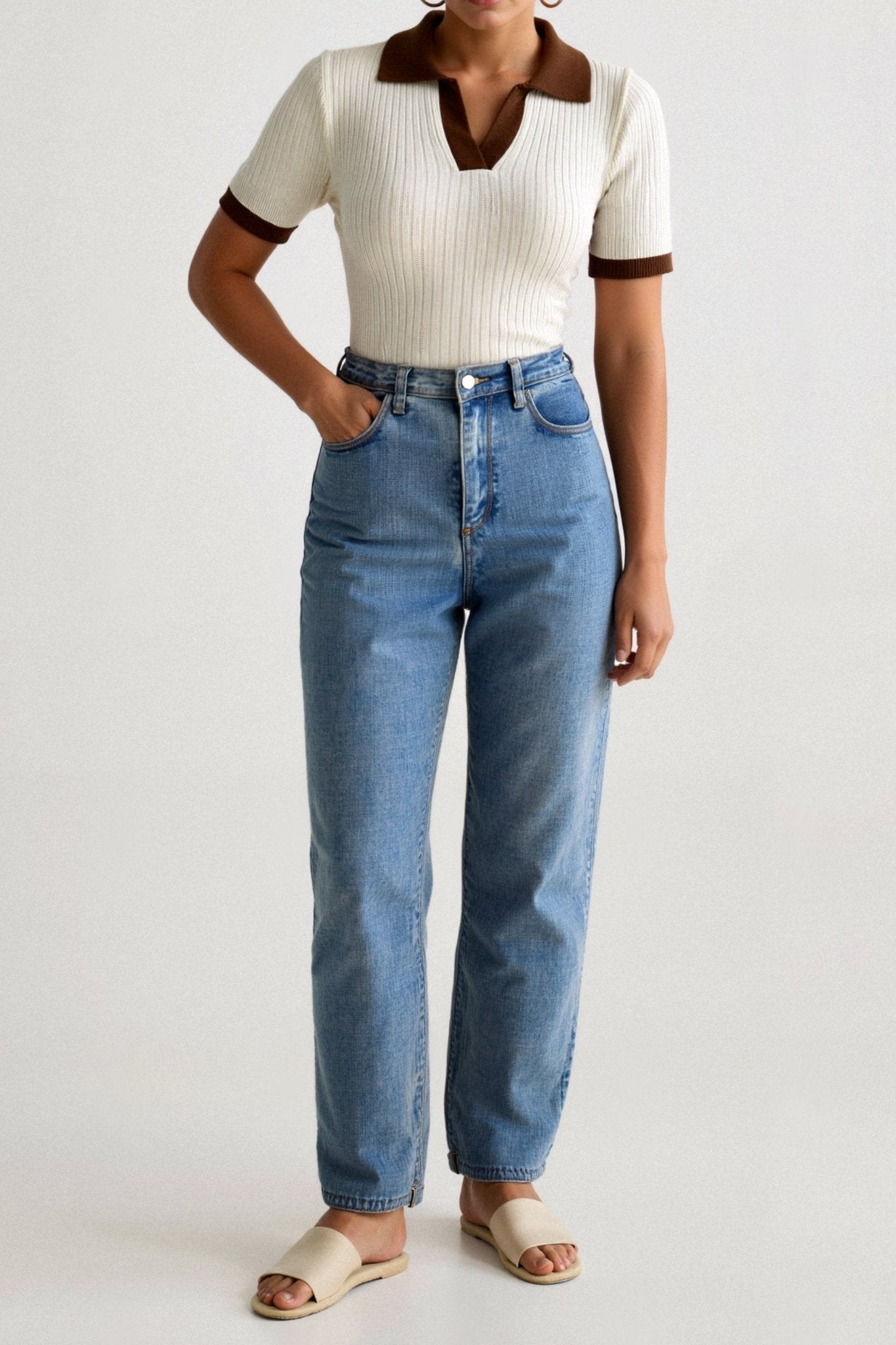 Women Polo Top Short Sleeve Ribbed Polo Collar Neckline - Evergreen Outfits - Women Poloshirt
