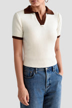 Women Polo Top Short Sleeve Ribbed Polo Collar Neckline - Evergreen Outfits - Women Poloshirt