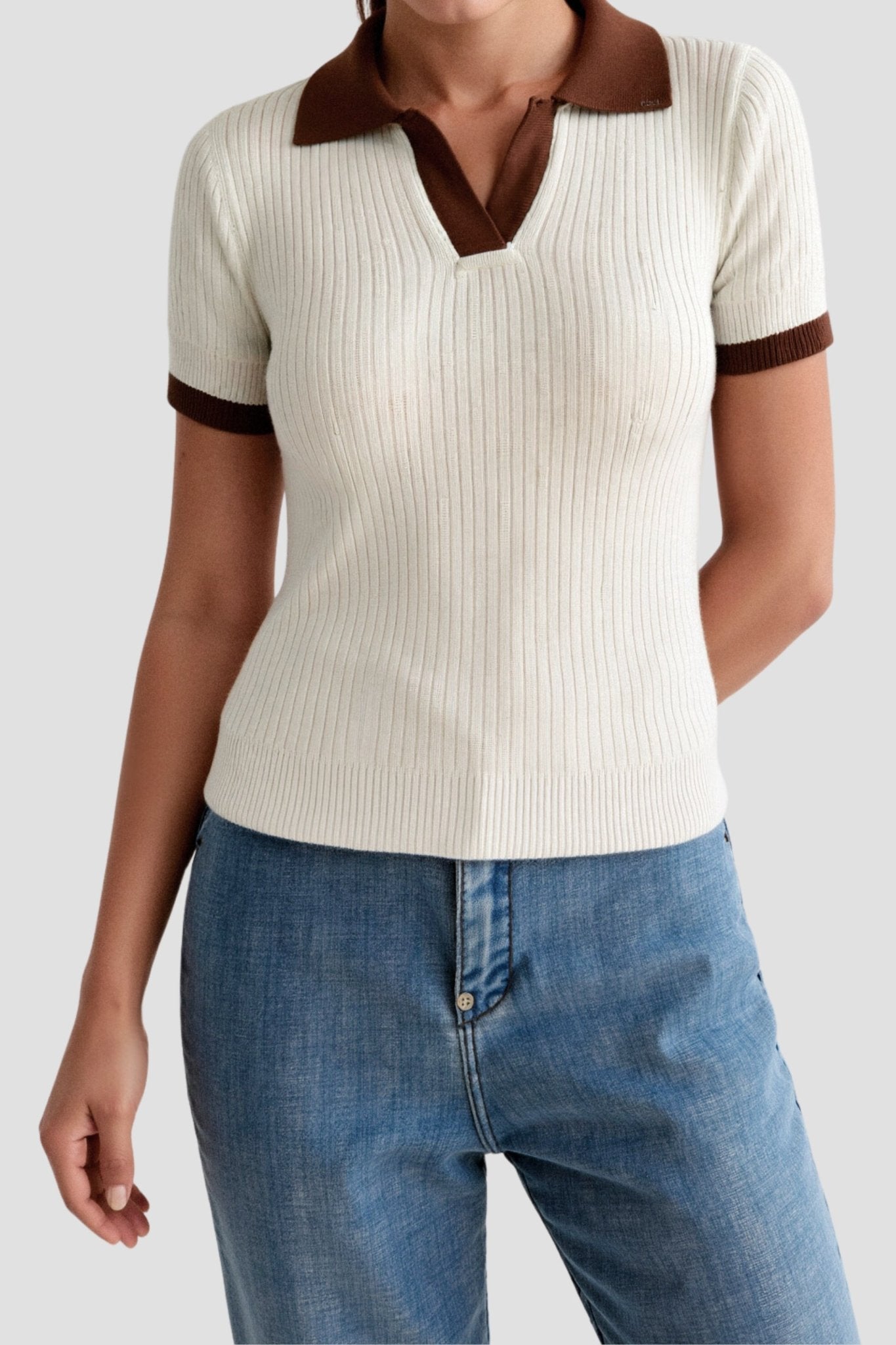 Women Polo Top Short Sleeve Ribbed Polo Collar Neckline - Evergreen Outfits - Women Poloshirt