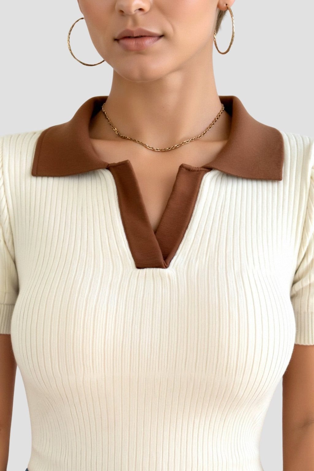 Women Polo Top Short Sleeve Ribbed Polo Collar Neckline - Evergreen Outfits - Women Poloshirt
