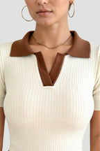 Women Polo Top Short Sleeve Ribbed Polo Collar Neckline - Evergreen Outfits - Women Poloshirt