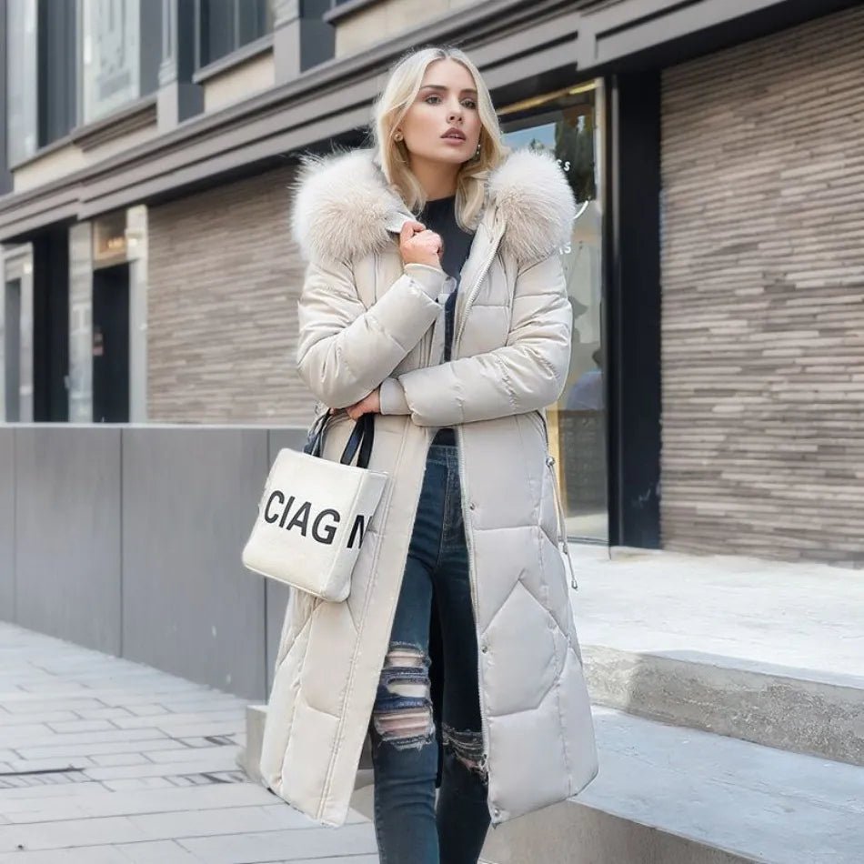 Women Puffer Jacket | Extended Length with Fur-Trimmed Hood - Evergreen Outfits- Jackets