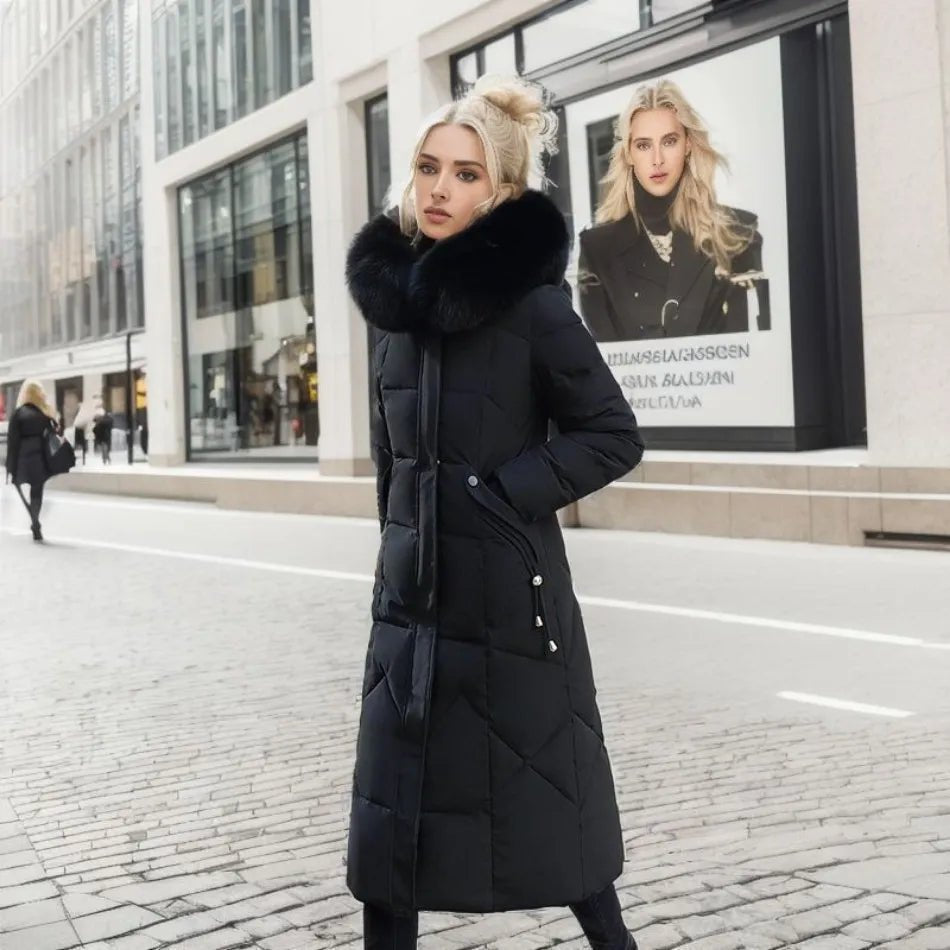 Women Puffer Jacket | Extended Length with Fur-Trimmed Hood - Evergreen Outfits- Jackets