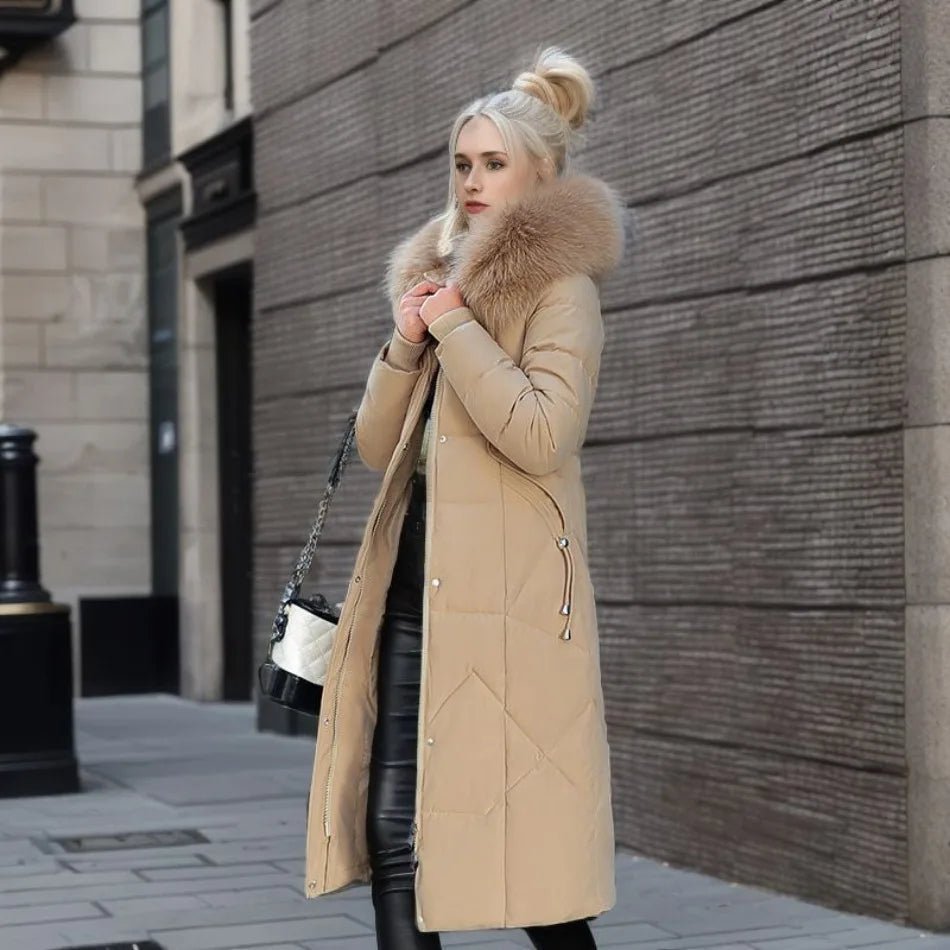 Women Puffer Jacket | Extended Length with Fur-Trimmed Hood - Evergreen Outfits- Jackets
