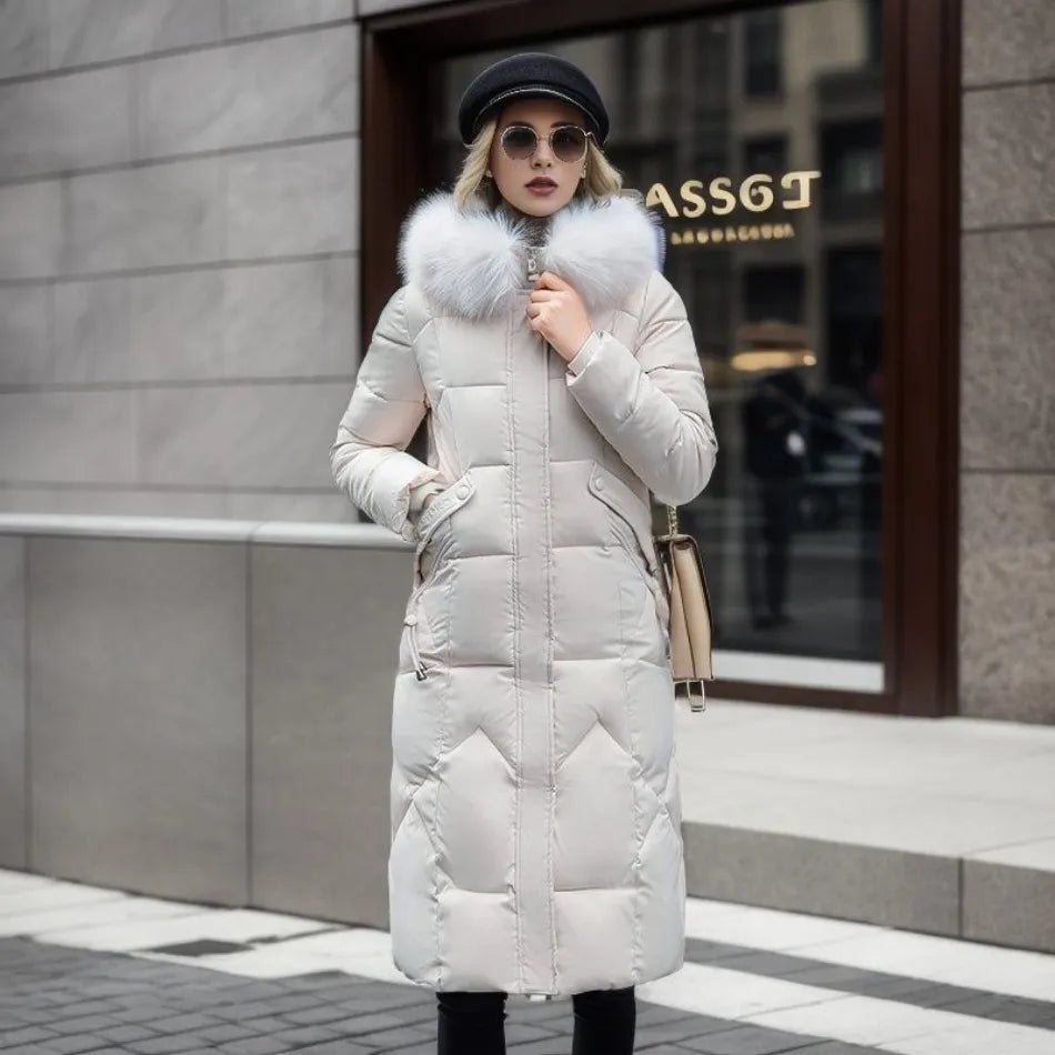 Women Puffer Jacket | Extended Length with Fur-Trimmed Hood - Evergreen Outfits- Jackets