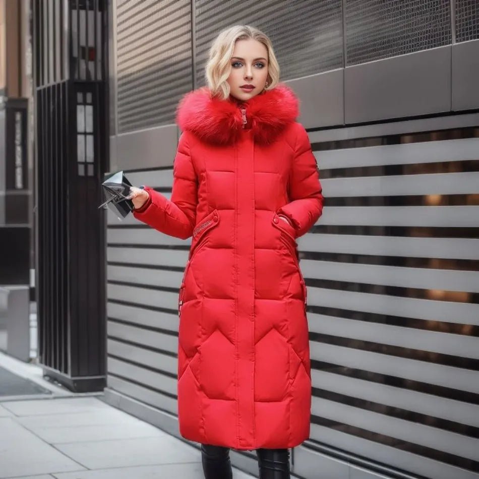 Women Puffer Jacket | Extended Length with Fur-Trimmed Hood - Evergreen Outfits- Jackets