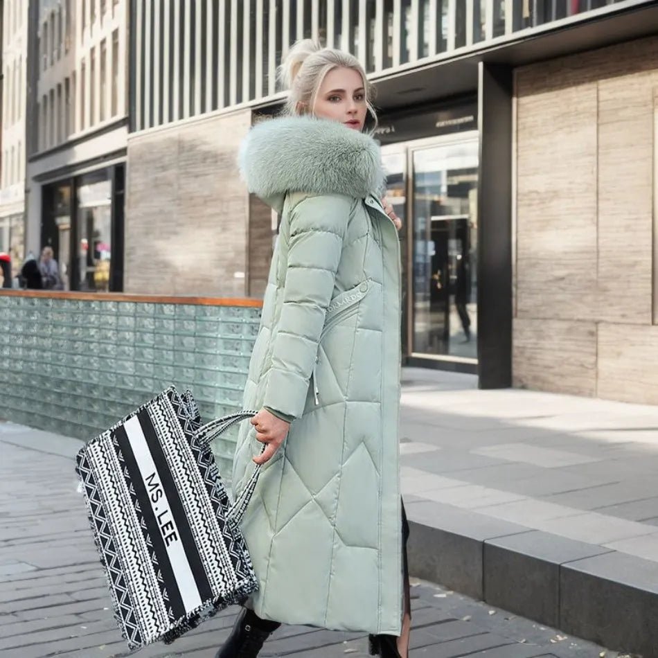 Women Puffer Jacket | Extended Length with Fur-Trimmed Hood - Evergreen Outfits- Jackets