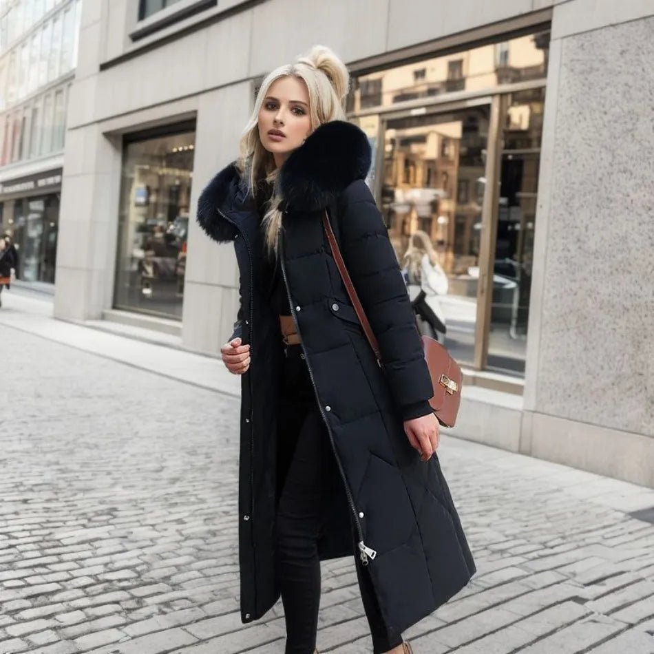 Women Puffer Jacket | Extended Length with Fur-Trimmed Hood - Evergreen Outfits- Jackets
