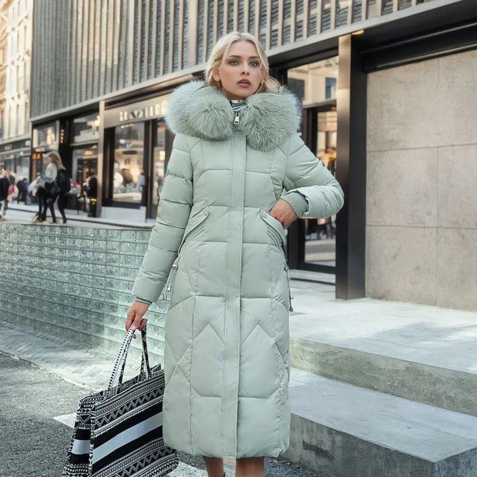 Women Puffer Jacket | Extended Length with Fur-Trimmed Hood - Evergreen Outfits- Jackets