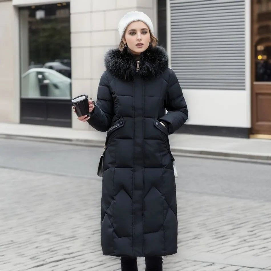 Women Puffer Jacket | Extended Length with Fur-Trimmed Hood - Evergreen Outfits- Jackets