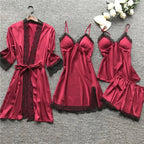 Women Pyjama Set Satin Two Piece Lace Print Sleepwear Set - Evergreen Outfits- Women Sleepwear